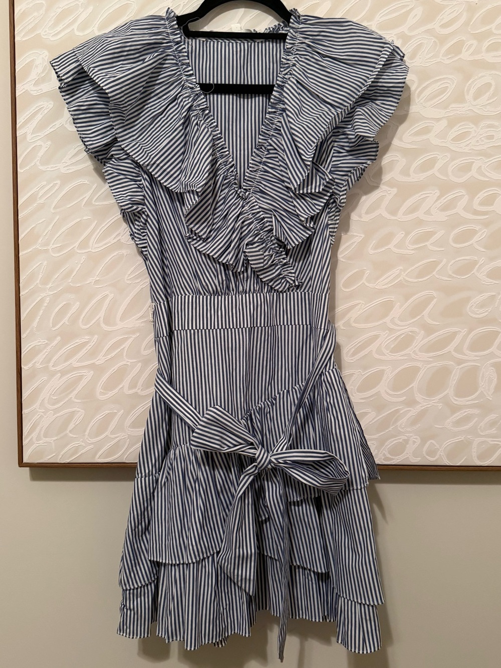Veronica Beard Blue and White Striped Ruffle Tie-Waist Mini Dress